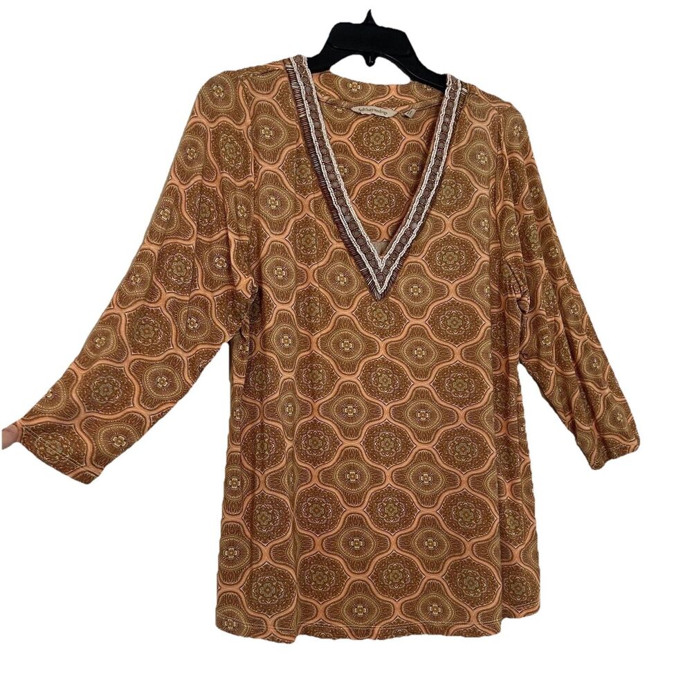Soft Surroundings Lillia Beaded V Neck Tunic Top Orange Print Petite - LP